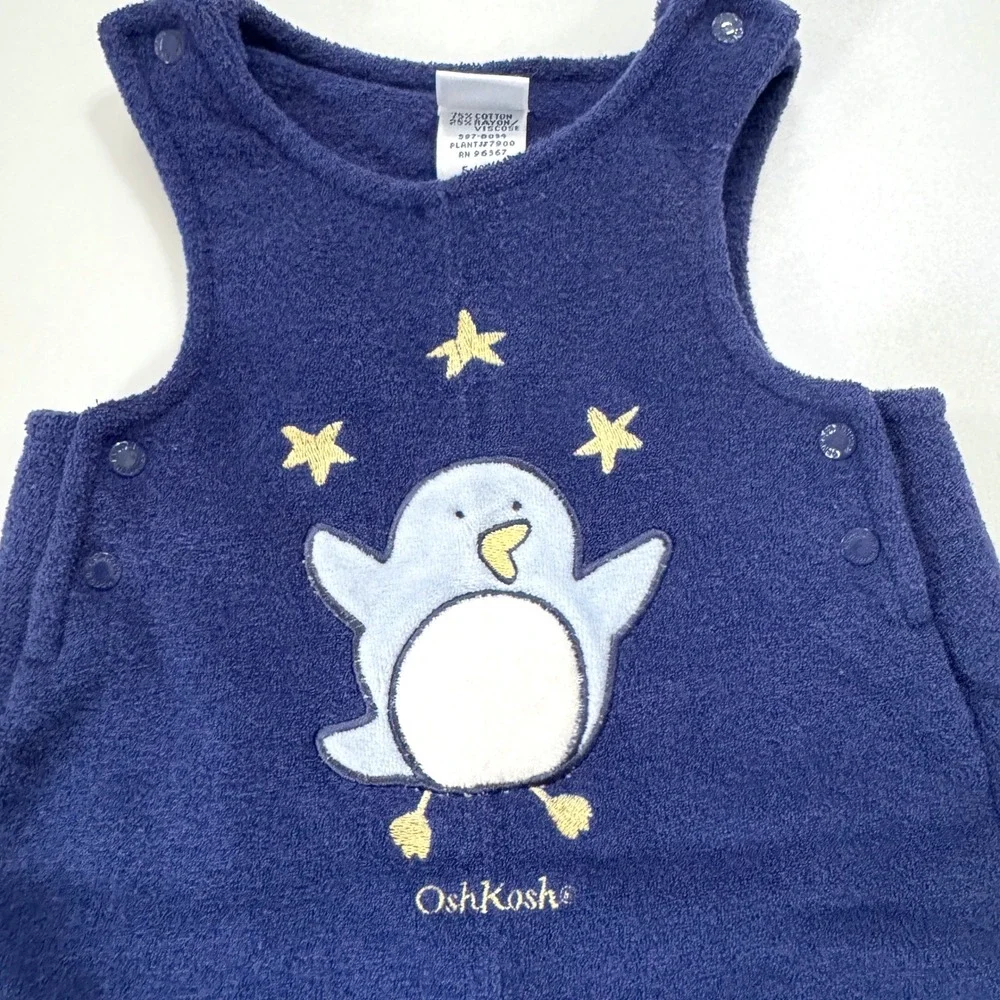 Vintage‎ 90's OshKosh B'gosh Fleece Romper Overalls Navy Blue Penguin 0-3 Months